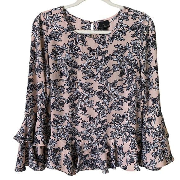 Worthington | Floral Long Bell Sleeve Blouse Top Summer Pink Black Small - Picture 1 of 6